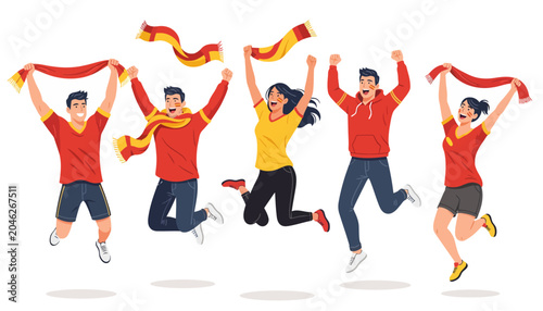 Excited Football Fans Celebrating Goal Jumping with Scarves