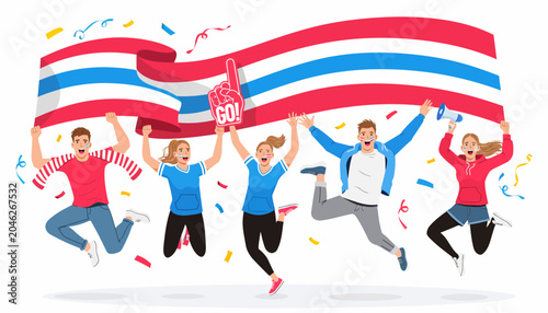 Excited Football Fans Celebrate with Large Team Flag