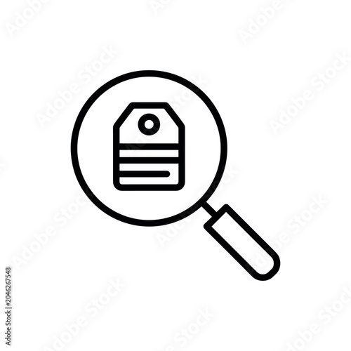 Magnifying glass inspecting a price tag icon representing product research shopping analysis and value search