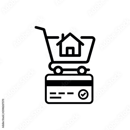 Shopping cart with a house symbol placed on a credit card icon representing real estate purchase and payment