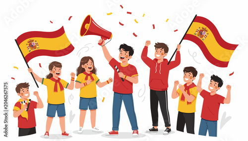 Excited Spanish Football Fans Celebrate Victory with Flags and Megaphone