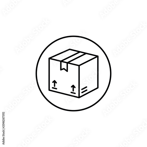 Minimalist line art icon of a cardboard delivery box inside a circle representing shipping logistics and transport