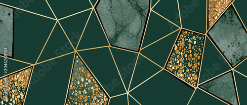 Green background gold line glitter chaos abstract geometric background with green stone texture gold line gold glitter pattern luxury modern design for elegant decoration and festive glamour