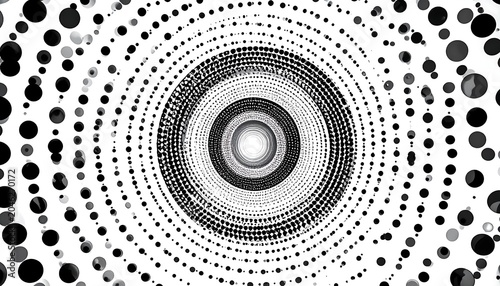 A black and white image depicts a concentric circle pattern with varying dot densities