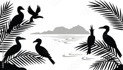 Photos Exotic birds perched on tropical palm leaves silhouette with distant mountains s