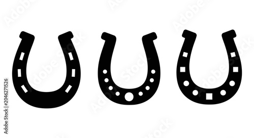 Horseshoe silhouette vector set, black lucky horseshoe icons for western design, equestrian metal shoe symbols for horse racing and ranch branding