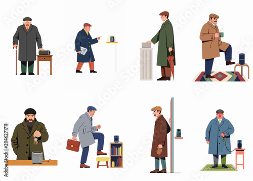 Tableau sur toile Set of cartoon illustrations of frustrated men struggling with smart speakers and voice assistant technology in various domestic settings