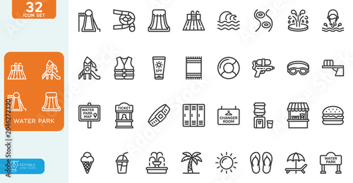 Water park Vector illustration editable line icons set. Containing pool, playground, swimming, recreation, aquatic, water activity, and more. on white background.