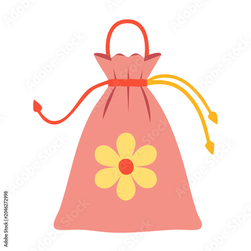 Pink drawstring bag with flower illustration