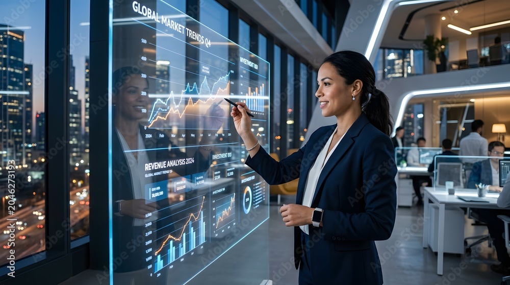 Fototapeta premium Confident businesswoman interacting with global market trends data on transparent display in office.