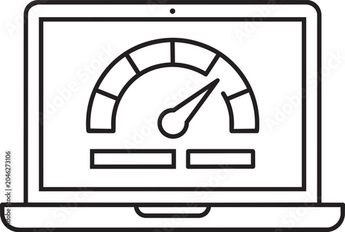 Outline laptop computer hardware speed performance optimization meter icon vector graphic for web hosting internet network