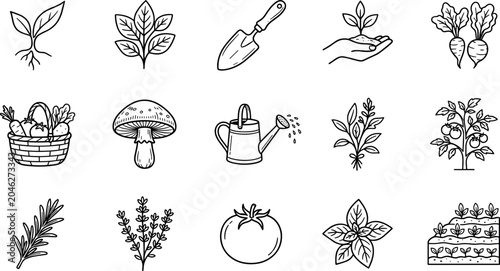 Bild auf Leinwand Home Gardening and Organic Agriculture Hand Drawn Line Icon Set with Vegetables,