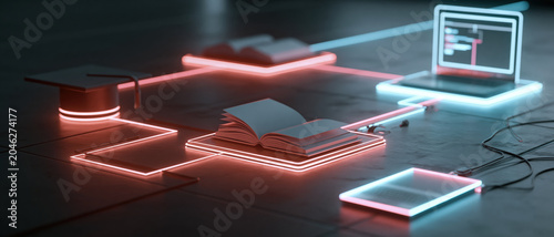 Online education digital learning e learning virtual classroom distance study coding course academic concept glowing neon open book laptop computer modern technology connects online education with