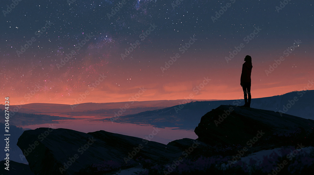 Obraz premium Silhouette of Woman Enjoying Scenic Starry Night Sky Overlake 