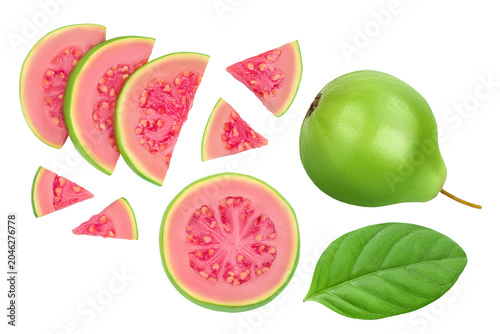 Guava fruit slices isolated on white background with  full depth of field. Top view. Flat lay