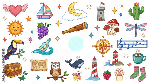 Fotografi Whimsical vector collection of charming celestial, nature, and travel illustrati