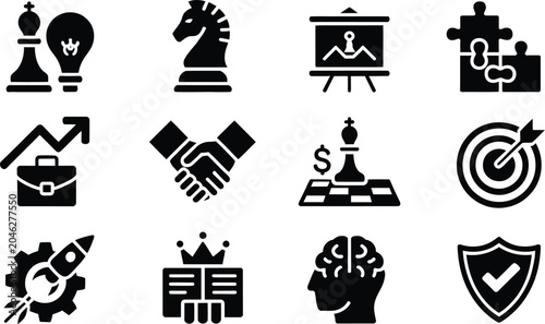 Business strategy icons collection with chess pieces, handshake, graph, target, rocket, brain, shield, checklist.
