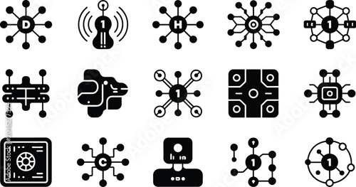 Set of technology icons representing data networks, blockchain, AI, and digital connections on transparent background.