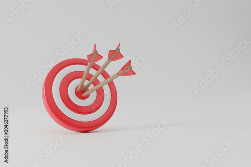 Bulls eye target with arrows hitting center 3D success concept