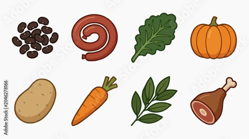 A collection of raw food ingredients including beans, sausage, greens, pumpkin, potato, carrot, herb, and meat