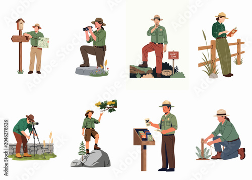 Bild auf Leinwand Flat vector illustration set of park rangers and conservationists performing various duties like bird watching, map reading, and nature protection