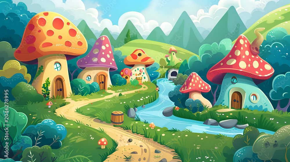 Naklejka premium Whimsical mushroom village with stream and mountains in a fairy tale setting