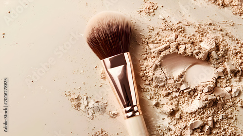 Soft makeup brush with loose powder on beige background