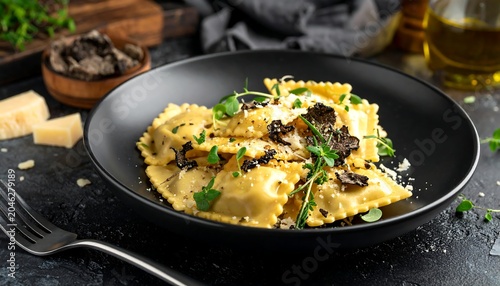 A black plate filled with ravioli, truffles, and herbs on a dark surface