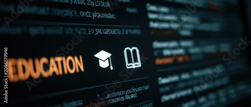 Education dashboard online learning digital interface graduation cap icon book icon screen display modern technology dark background data concept education dashboard online learning digital