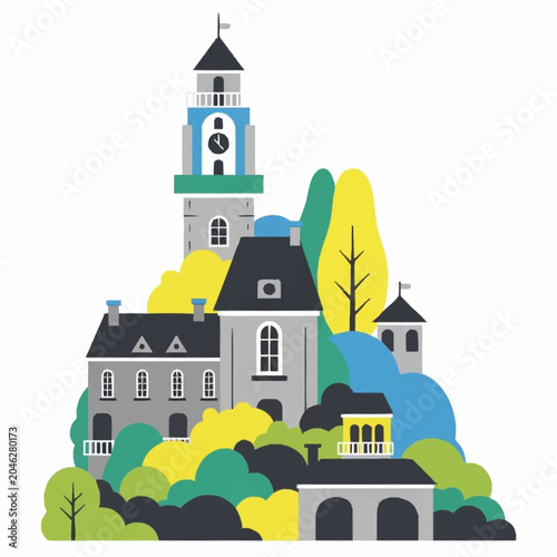 Charming illustration of a European town with a prominent clock tower surrounded by lush greenery and colorful trees.