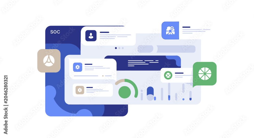 Fototapeta premium Security Operations Center SOC Dashboard UI Concept with Data Visualization and Flat Design Elements