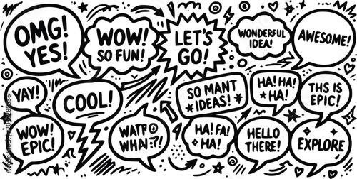Tableau sur toile A dynamic black and white vector illustration featuring numerous speech bubbles
