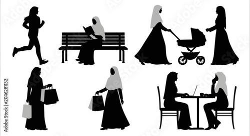 Schilderij op canvas Silhouettes of women in hijab walking.