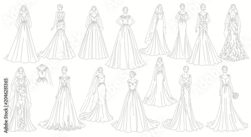 Foto Variety of elegant wedding dresses.