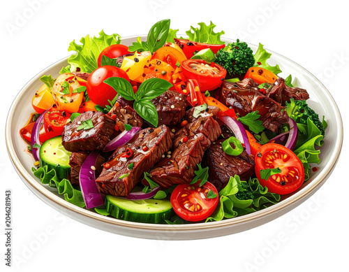 Fresh beef salad with grilled steak pieces and mixed vegetables on a plate