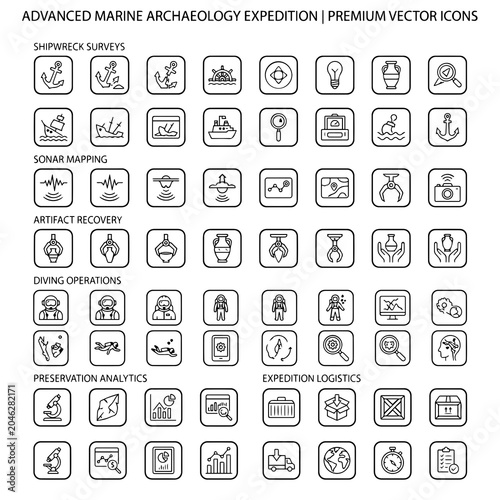 Marine Archaeology Expedition Vector Icons Line Style Collection