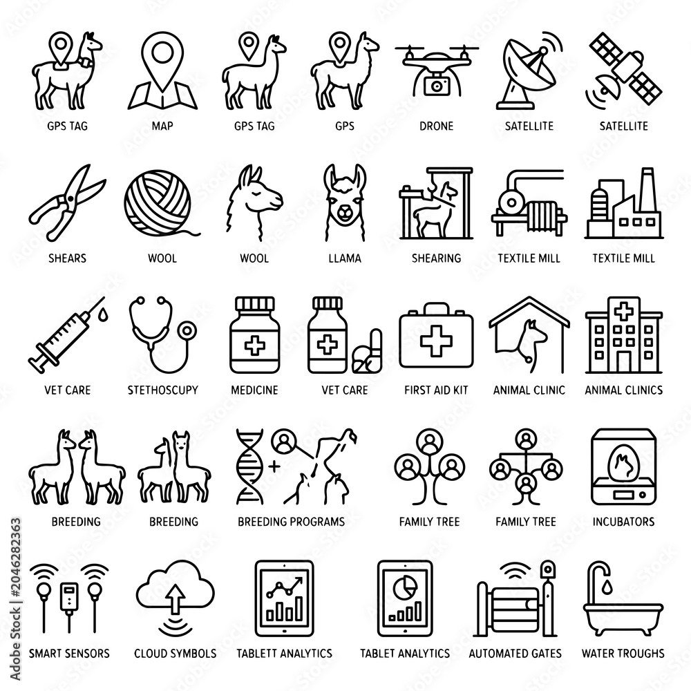 Obraz premium Line Art Icons Depicting Livestock Veterinary Care And Agricultural Technology