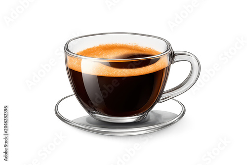 image.png Glass cup of black coffee with golden crema on a clear saucer, elegant hot espresso drink isolated on transparent background