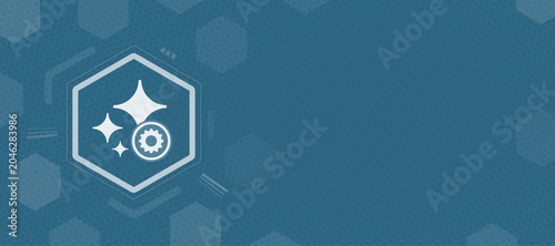 Digital graphic illustration featuring a gear symbol and sparkling elements representing system settings with ample copy space on a blue hexagonal grid background for professional design use.