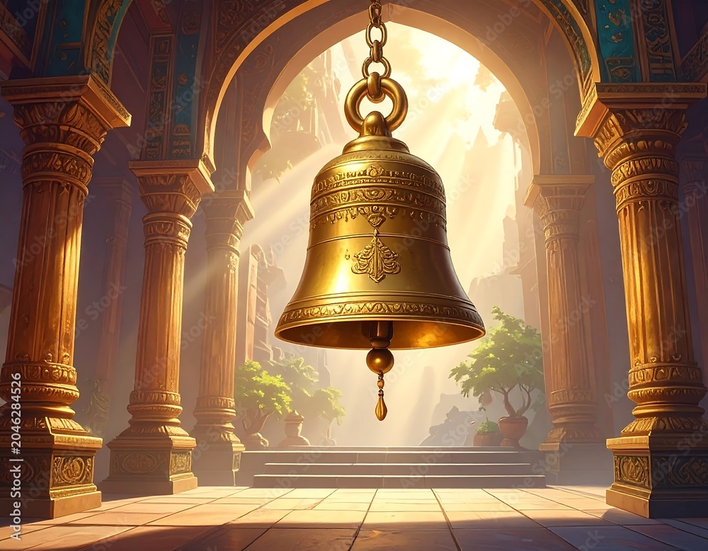 Obraz premium A large, ornate bell hangs from an archway in a serene, ancient temple courtyard with columns and potted plants