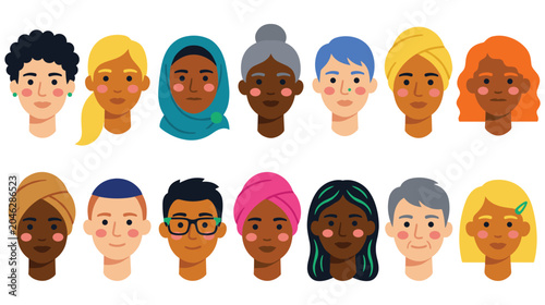 Fotografie Diverse group of people faces icons illustration set.