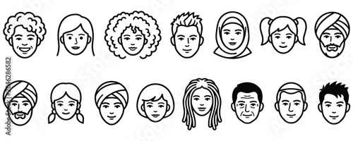 Black and white line art icons set of diverse people faces.