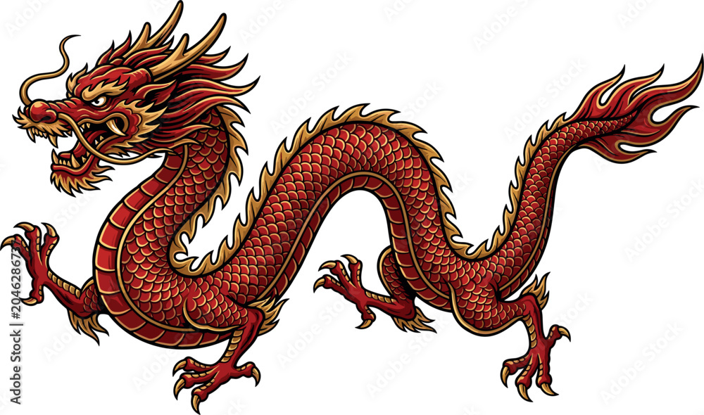 Fototapeta premium Traditional Red Chinese Dragon Vector Illustration with Golden Details for Lunar New Year Festivals, Cultural Decorations, and Asian Themed Graphic Designs