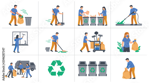 Cleaning and garbage collection process, people are tidying up outdoors.