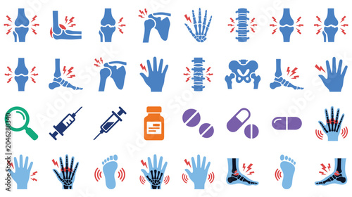 Joint and bone pain medical icon set for rheumatology and arthritis.