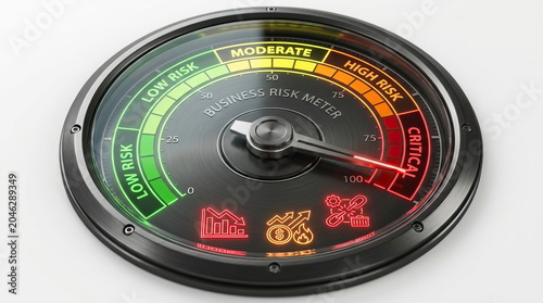 Business risk meter showing critical high risk level for financial protection and business safety with colorful gauge and warning icons