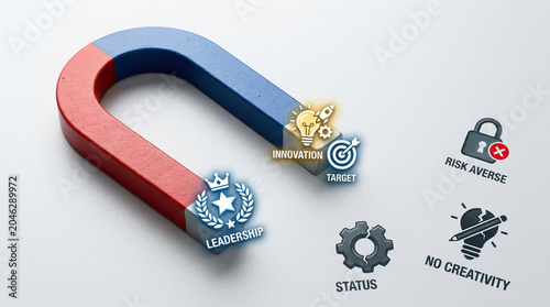Horseshoe magnet innovation leadership target status risk averse creativity attraction business concept red blue magnet pulling low scale icon about growth and management challenge white background