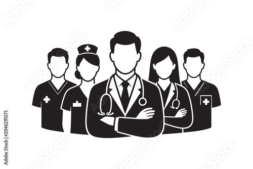 Professional medical group of doctors and nurses standing with arms crossed at hospital.