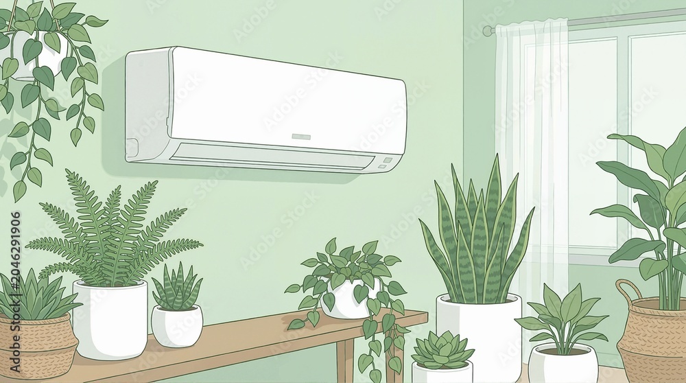Fototapeta premium Wall mounted air conditioner in a green room filled with houseplants. Fresh air and comfortable home climate control concept. Botanical interior illustration