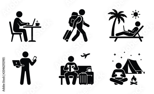 Vászonkép Travel Lifestyle Icons: Digital Nomad, Vacation, Business Trip, Camping, Remote